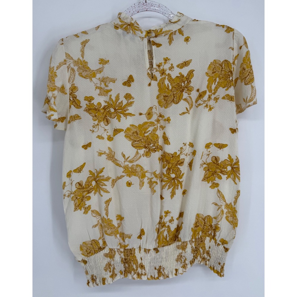 Rose + Olive Sz XL Mustard Yellow Floral Butterfly Smocked Hem Ruffle Blouse - Picture 4 of 8